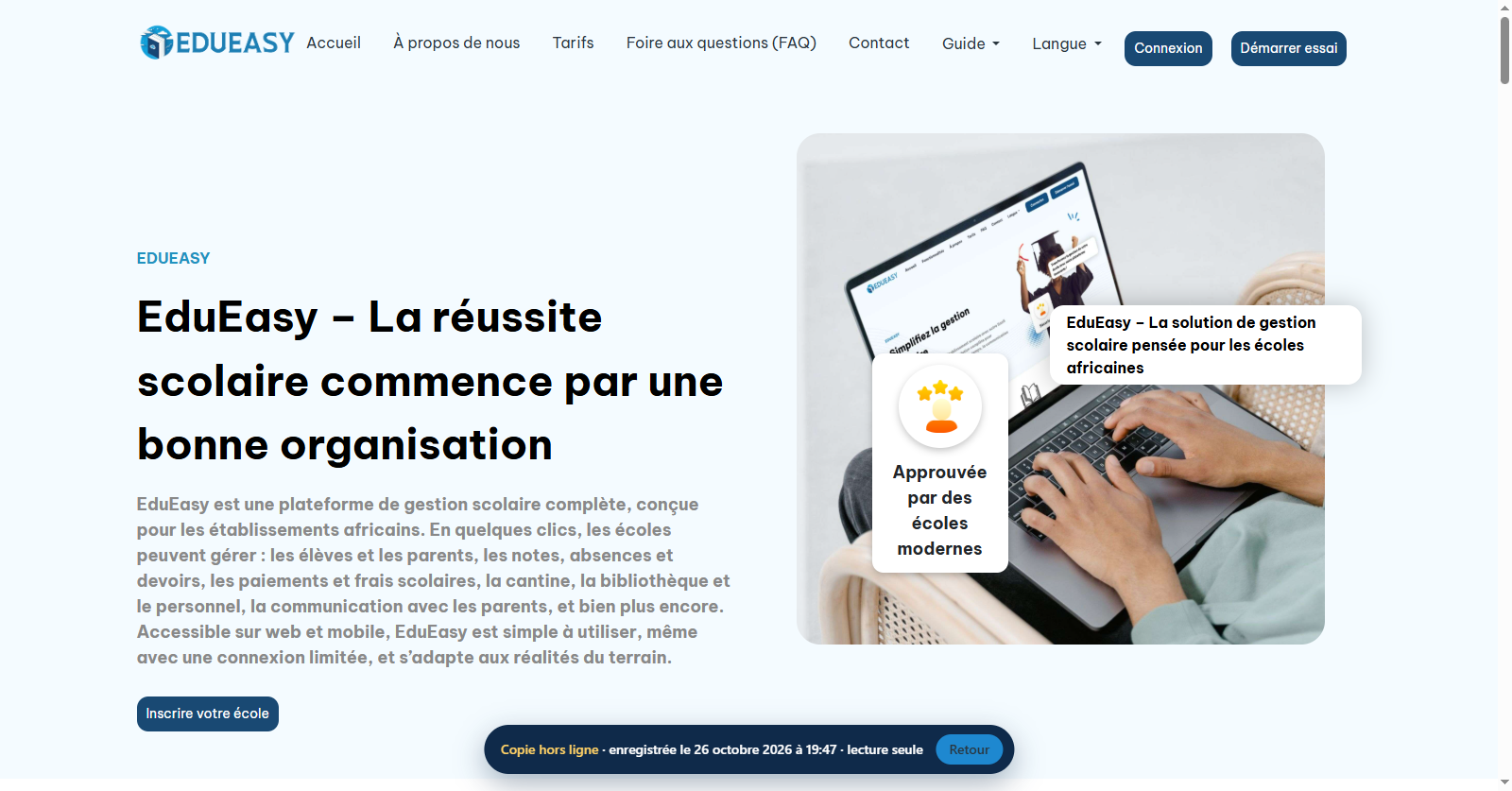 Une page EduEasy relue sans internet, avec son bandeau « Copie hors ligne »