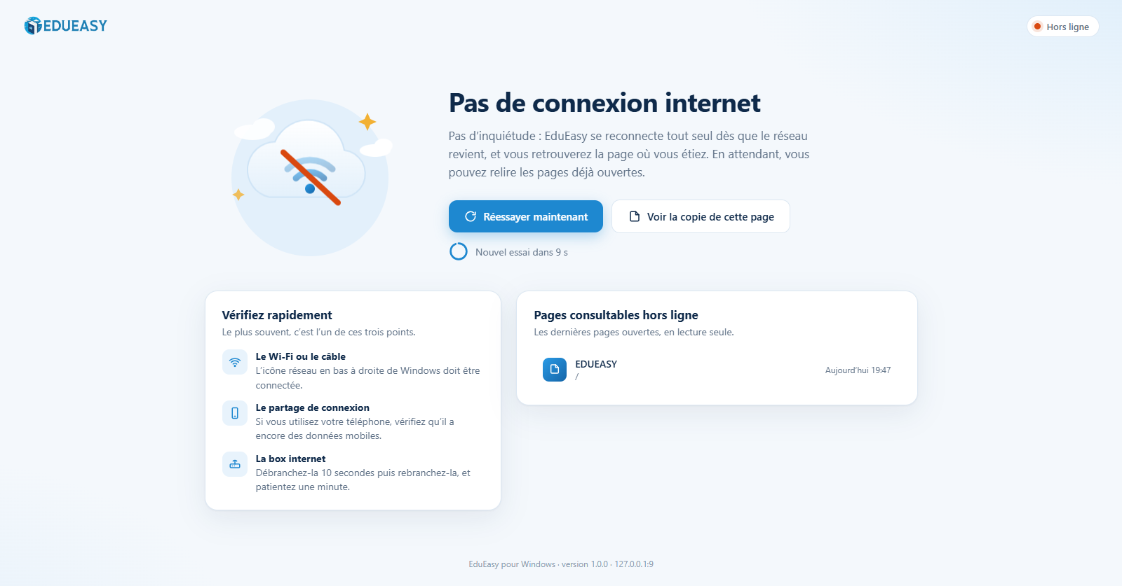 Écran « Pas de connexion internet » de l'application EduEasy